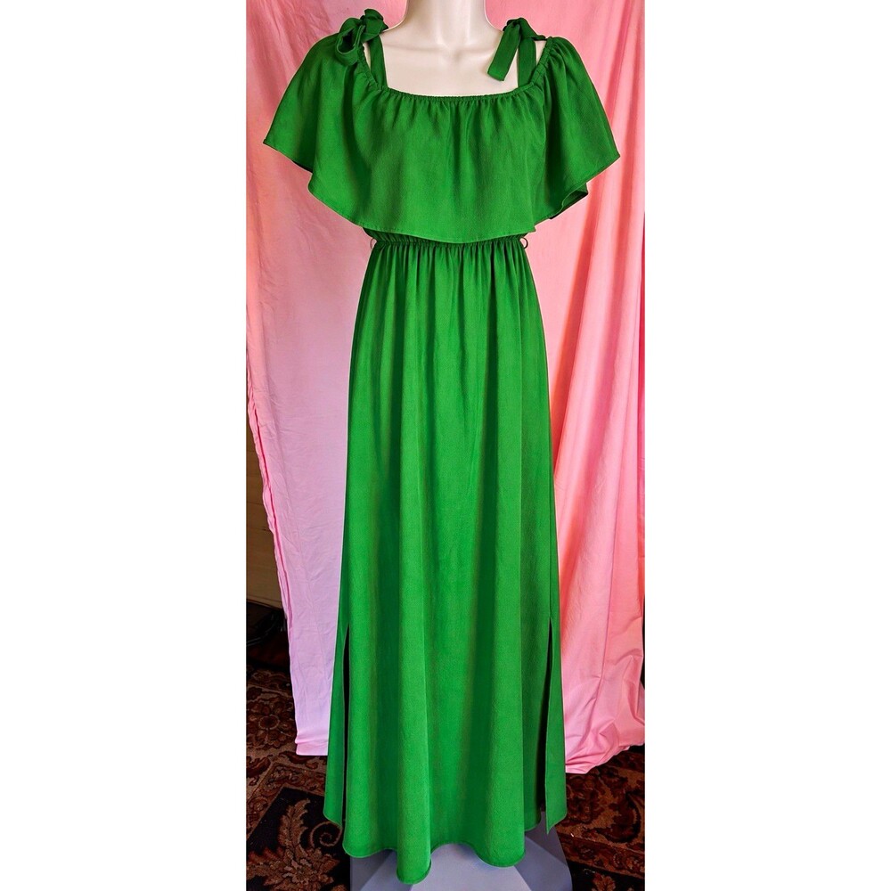 ee:some Green Maxi Dress Small Tie Shoulder Ruffle Side Slit Boho
